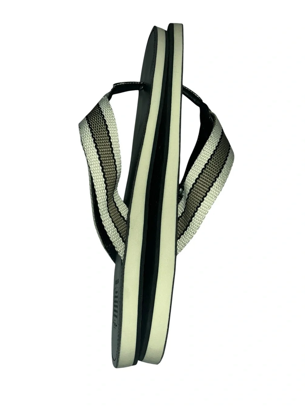 Coach Men's Black Flip Flops with khaki and black Stripe Webbing